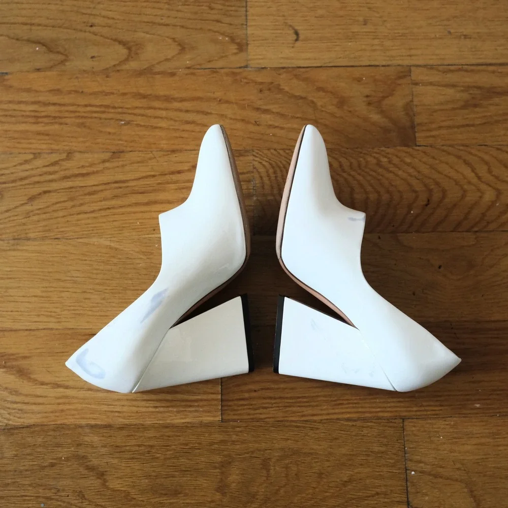 Acne Studios Ilona Patent Leather Pumps White Pointed Toe Block Heel Size 36